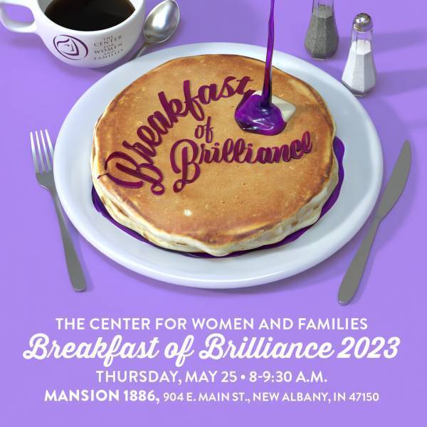 Breakfast of Brilliance 2023 graphic invitation, includes photo of pancake with purple syrup.
