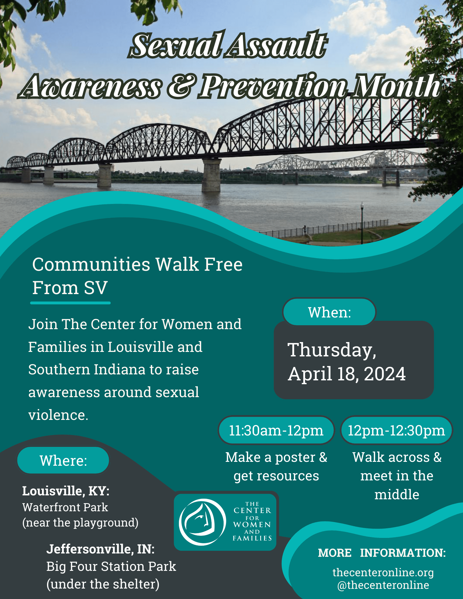 illustration of Indiana Big 4 bridge with invitation to attend Walk on April 18 at noon in support of Sexual Assault Awarness Month.