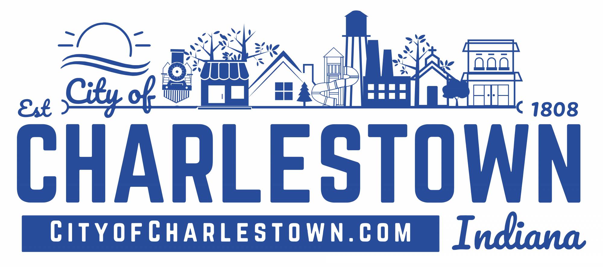 In photo is logo for The City of Charlestown, in Indiana. It includes a colorful drawing of homes and businesses.