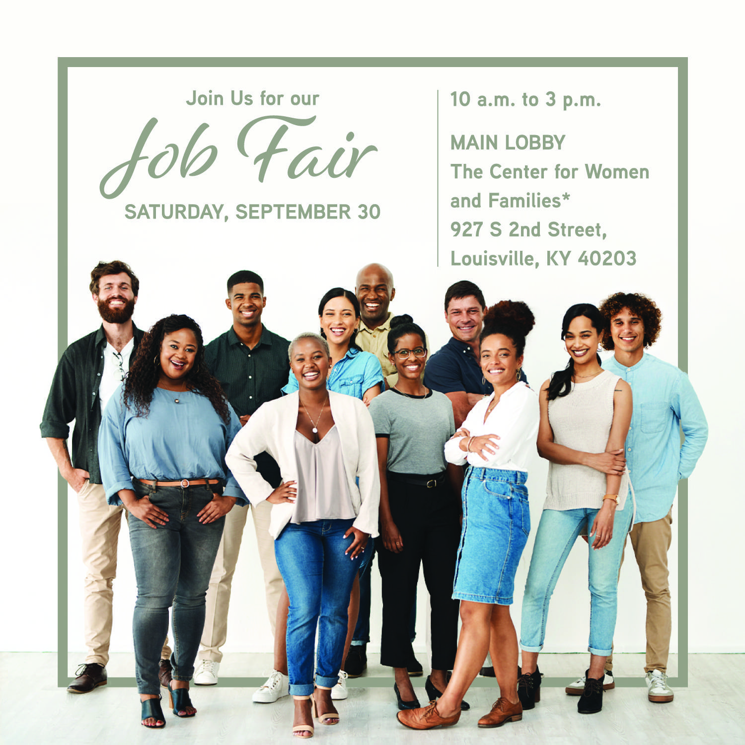 group of people dressed casually. Wording invites people to come to The Center for a job fair on September 30.