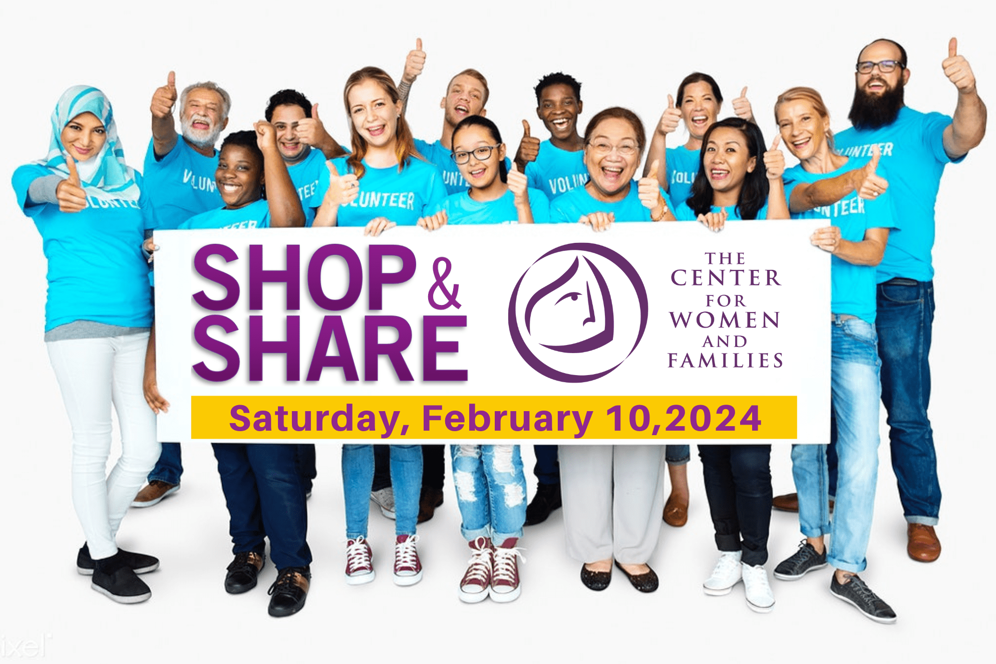 Photo of diverse volunteers holding Shop and Share sign
