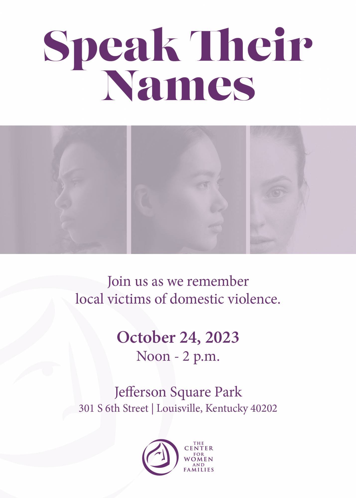Image of invitation to Speak Their Names Event on October 24 at noon at Jefferson Square Park to remember victims of domestic violence. Image includes photos of three women, along with date, time and location for event. 